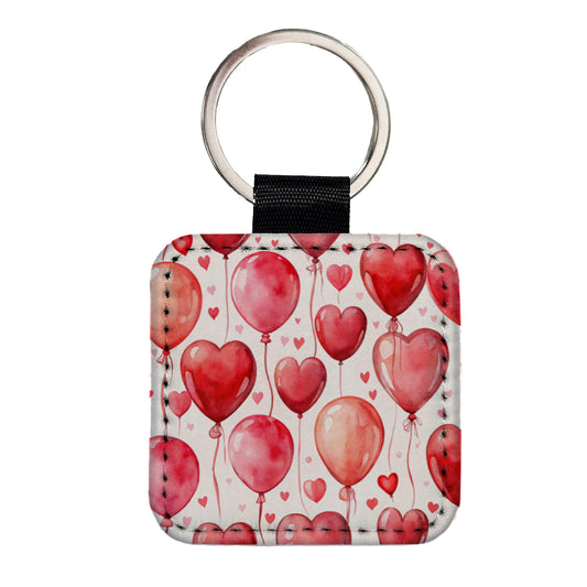 Red Balloons Hearts Watercolor Love Anniversary Square Faux Leather Keychain