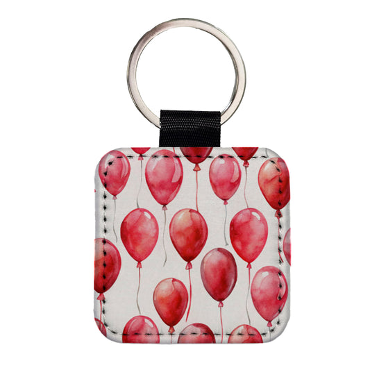 Red Balloons Watercolor Birthday Square Faux Leather Keychain