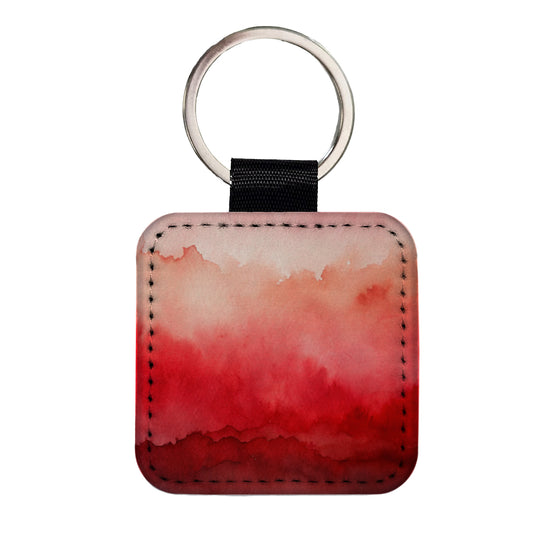 Red Ombre Watercolor Square Faux Leather Keychain