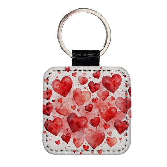 Red Scattered Hearts Love Anniversary Watercolor Square Faux Leather Keychain