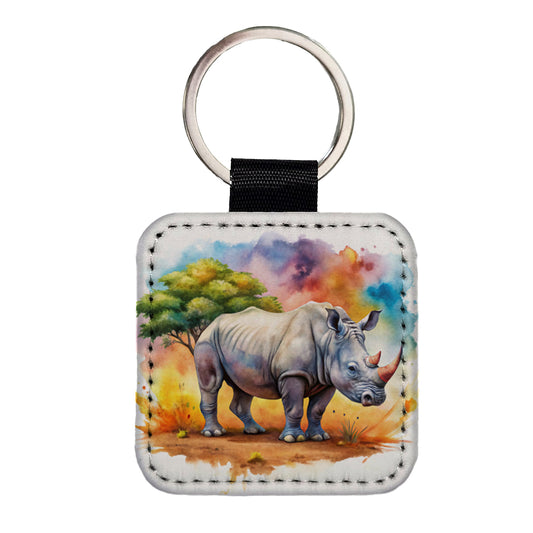 Rhinoceros African Plain Watercolor Design Square Faux Leather Keychain