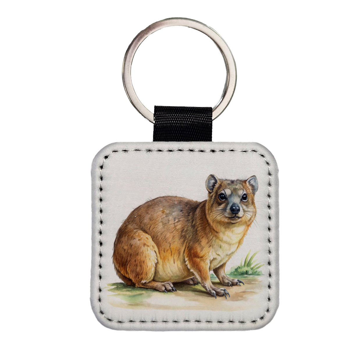 Rock Hyrax Dassie Watercolor Square Faux Leather Keychain