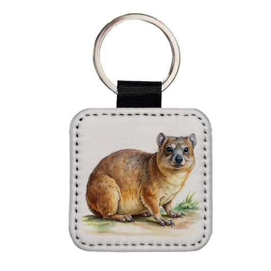 Rock Hyrax Dassie Watercolor Square Faux Leather Keychain