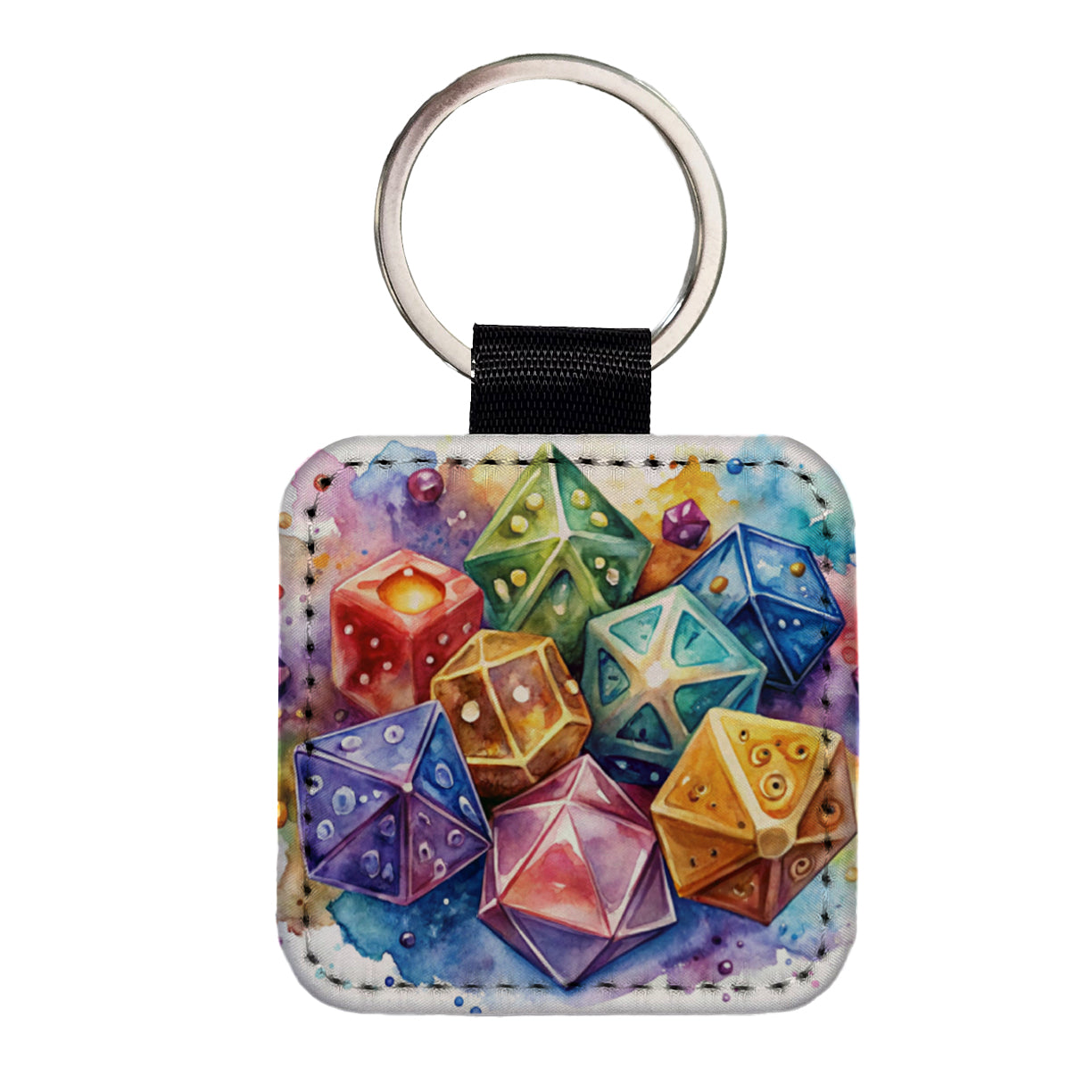Role Playing Game Dice Watercolor Design Square Faux Leather Keychain