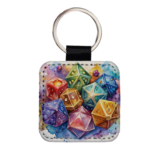Role Playing Game Dice Watercolor Design Square Faux Leather Keychain