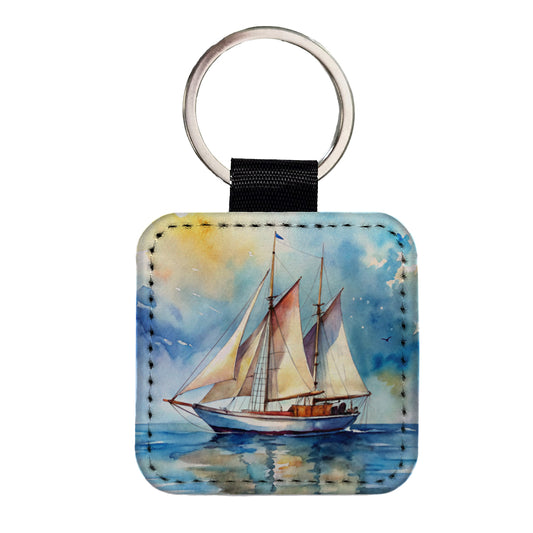 Sailboat At Sea Watercolor Design Square Faux Leather Keychain