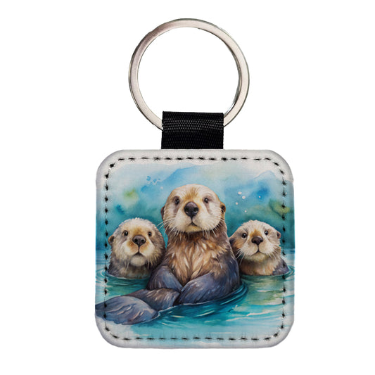 Sea Otters Watercolor Design Square Faux Leather Keychain