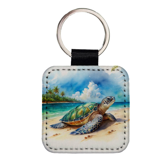 Sea Turtle Beach Watercolor Design Square Faux Leather Keychain