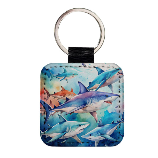 Sharks Watercolor Design Square Faux Leather Keychain