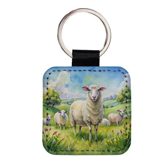Sheep In Meadow Watercolor Design Square Faux Leather Keychain