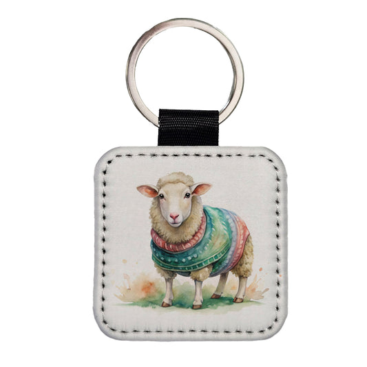 Sheep Wearing A Sweater Watercolor Square Faux Leather Keychain