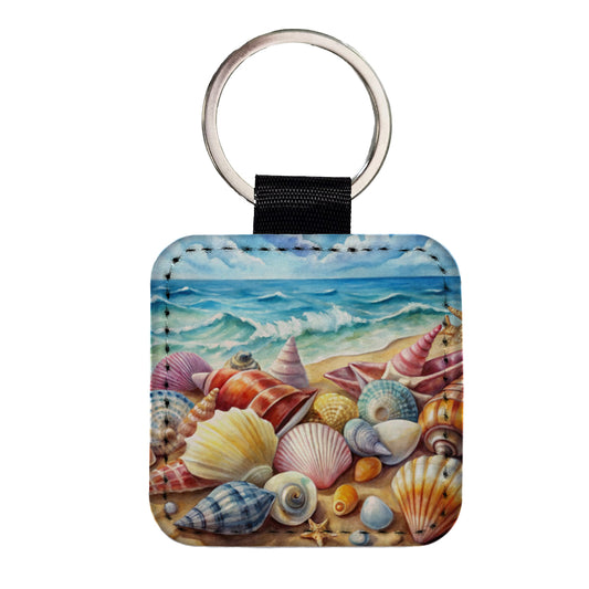 Shells Beach Watercolor Design Square Faux Leather Keychain