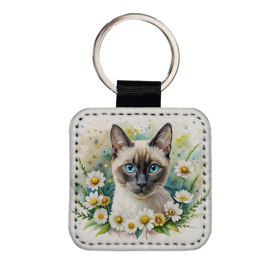 Siamese Cat Watercolor Design With Daisies Square Faux Leather Keychain