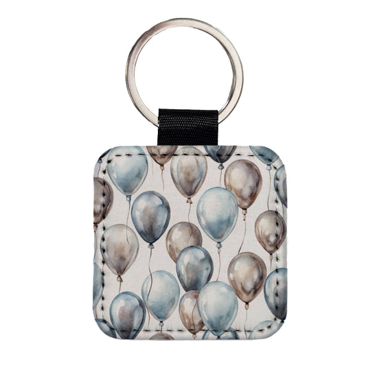 Silver Balloons Watercolor Birthday Anniversary Square Faux Leather Keychain