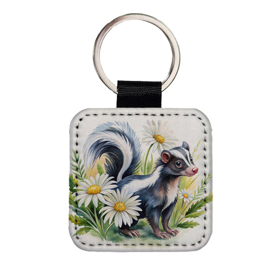 Skunk Watercolor Design With Daisies Square Faux Leather Keychain