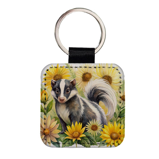 Skunk Watercolor Design With Sunflowers Square Faux Leather Keychain