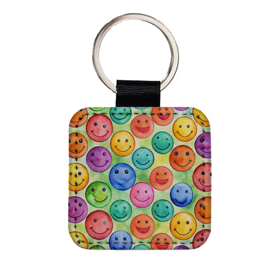 Smile Faces Watercolor Square Faux Leather Keychain
