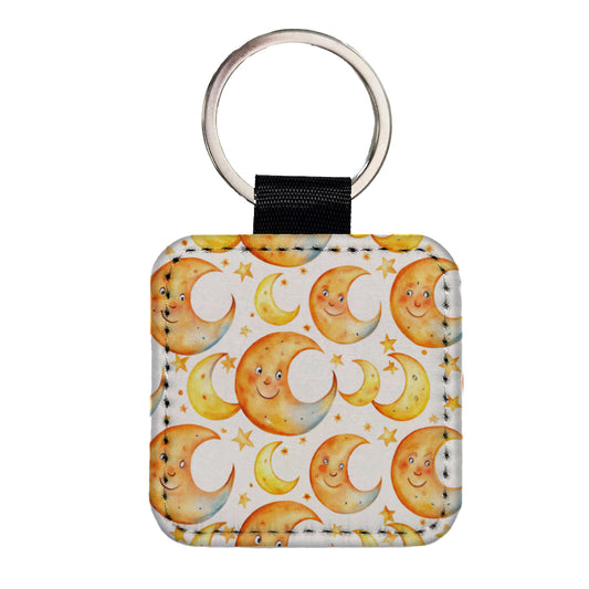 Smiling Crescent Moons Watercolor Square Faux Leather Keychain