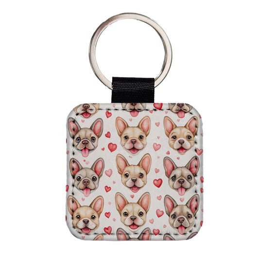 Smiling Cute French Bulldog Dog Faces Hearts Square Faux Leather Keychain
