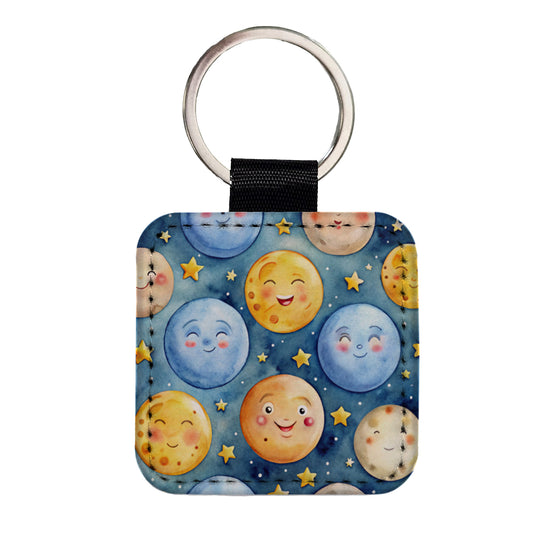 Smiling Moons Watercolor Square Faux Leather Keychain