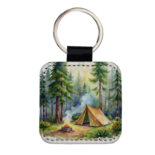 Solo Camping In Forest Watercolor Design Square Faux Leather Keychain