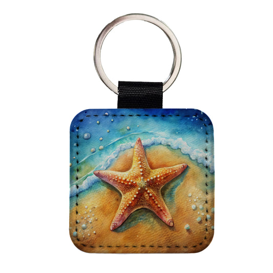 Starfish Sand Watercolor Design Square Faux Leather Keychain