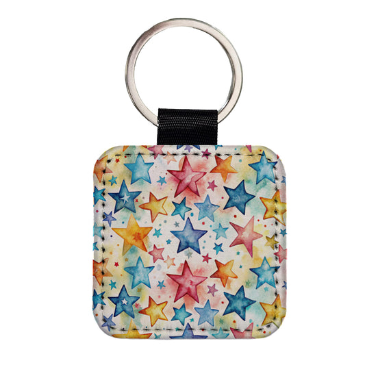 Stars Colorful Watercolor Square Faux Leather Keychain