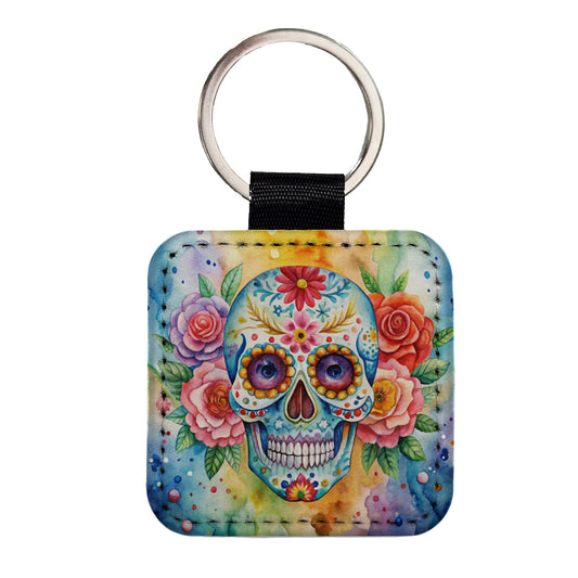 Sugar Skull Watercolor Square Faux Leather Keychain