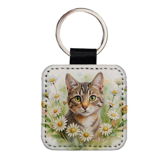 Tabby Cat Watercolor Design With Daisies Square Faux Leather Keychain