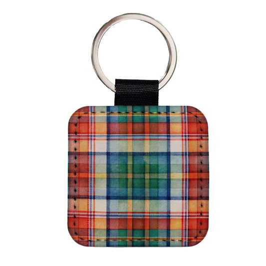 Tartan Plaid Watercolor Square Faux Leather Keychain