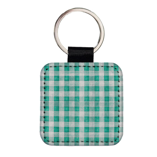 Teal White Gingham Watercolor Square Faux Leather Keychain