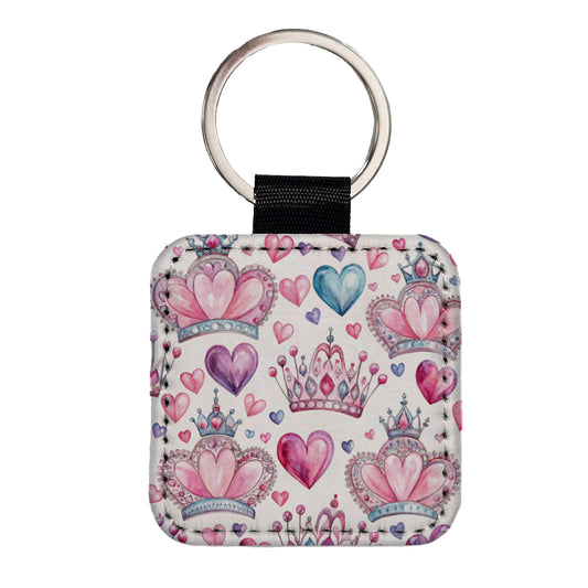 Tiaras Crowns Royalty Hearts Watercolor Square Faux Leather Keychain