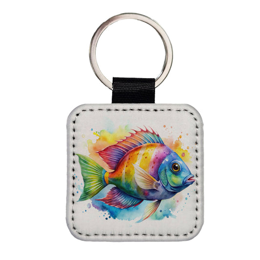 Tropical Fish Watercolor Design Square Faux Leather Keychain