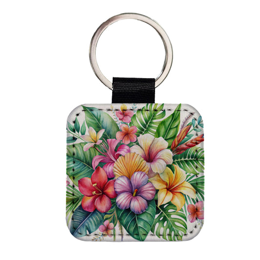 Tropical Flowers Watercolor Design Square Faux Leather Keychain