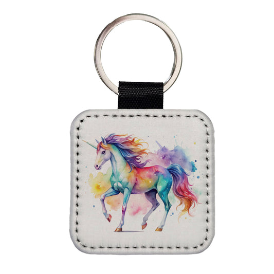 Unicorn Beautiful Watercolor Design Square Faux Leather Keychain