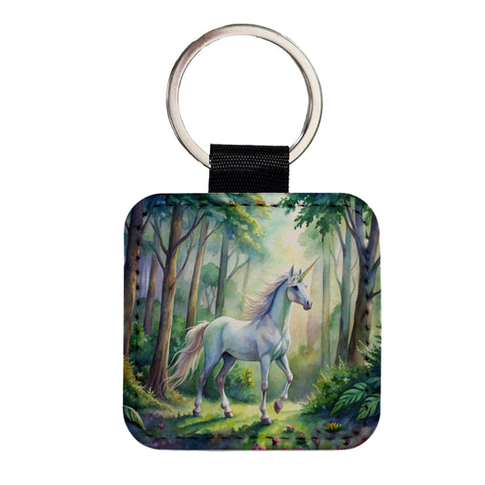 Unicorn In Forest Stunning Watercolor Design Square Faux Leather Keychain