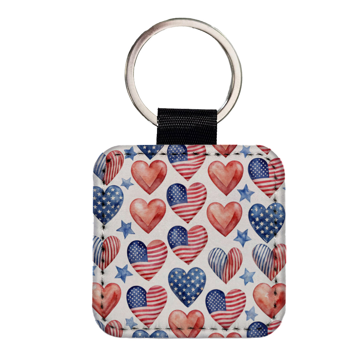USA American Flags Hearts 4th of July Patriotic Watercolor Square Faux Leather Keychain