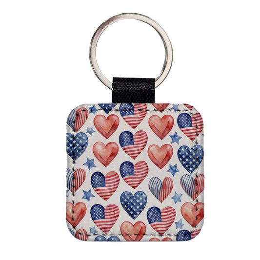 USA American Flags Hearts 4th of July Patriotic Watercolor Square Faux Leather Keychain