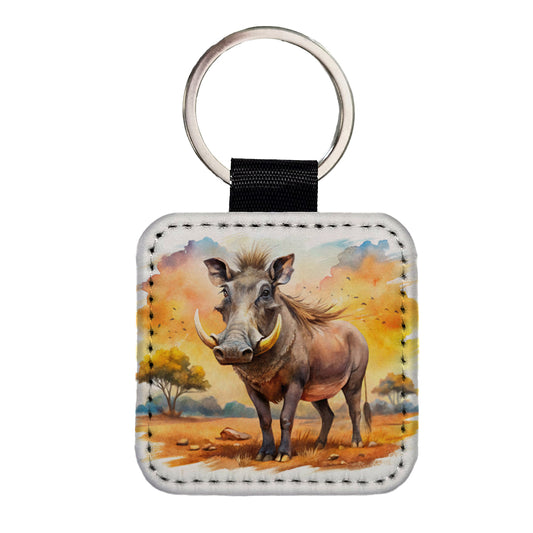 Warthog African Plain Watercolor Design Square Faux Leather Keychain
