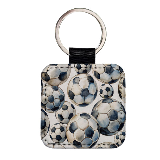White Black Soccer Balls Watercolor Square Faux Leather Keychain