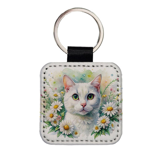 White Cat Watercolor Design With Daisies Square Faux Leather Keychain