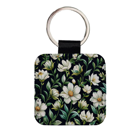 White Flowers Black Background Square Faux Leather Keychain