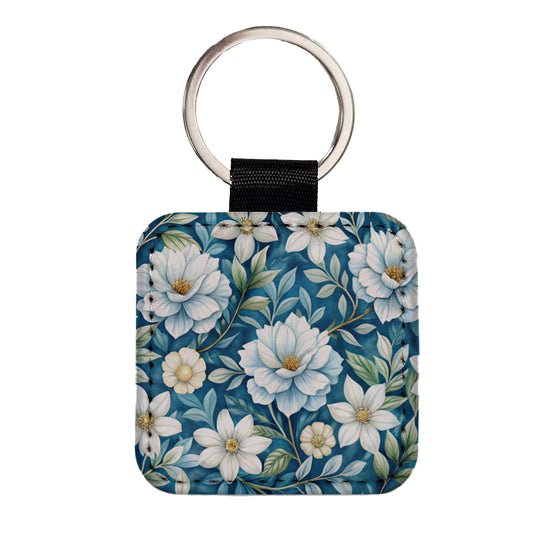 White Flowers Blue Background Square Faux Leather Keychain