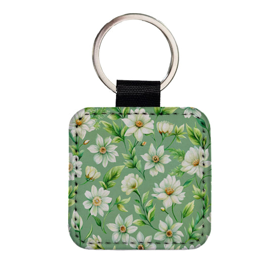 White Flowers Green Background Square Faux Leather Keychain