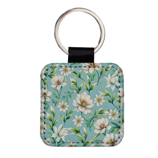 White Flowers Light Blue Background Square Faux Leather Keychain