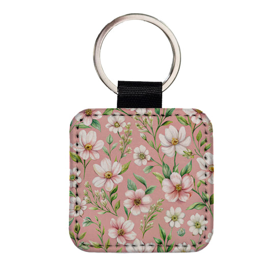 White Flowers Pink Background Square Faux Leather Keychain