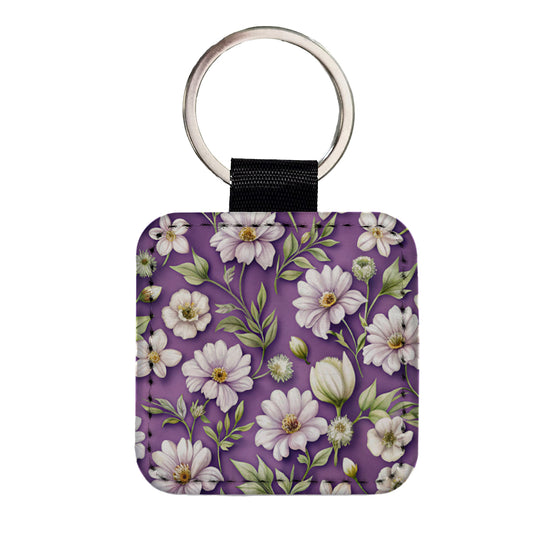 White Flowers Purple Background Square Faux Leather Keychain