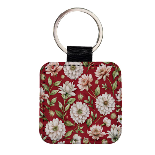 White Flowers Red Background Square Faux Leather Keychain