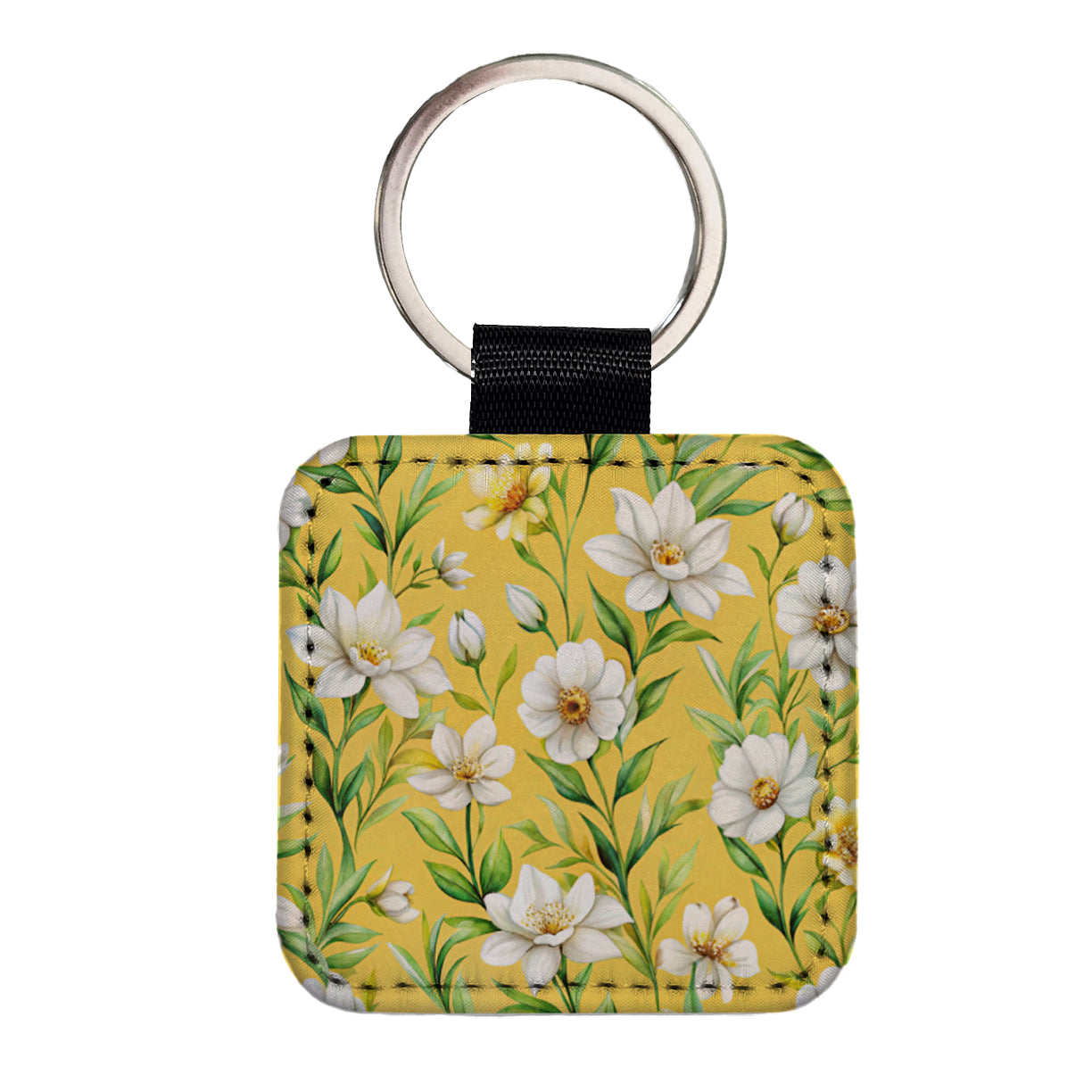White Flowers Yellow Background Square Faux Leather Keychain