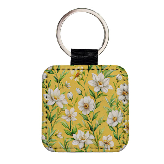 White Flowers Yellow Background Square Faux Leather Keychain